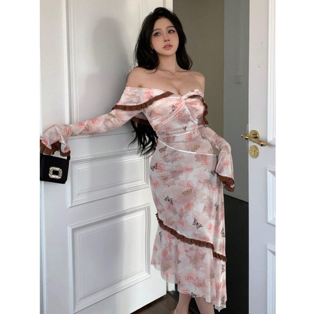 Garden Fairy Dress Womens Large Pink Butterfly Floral Mesh Asymmetrical Y2K NWT